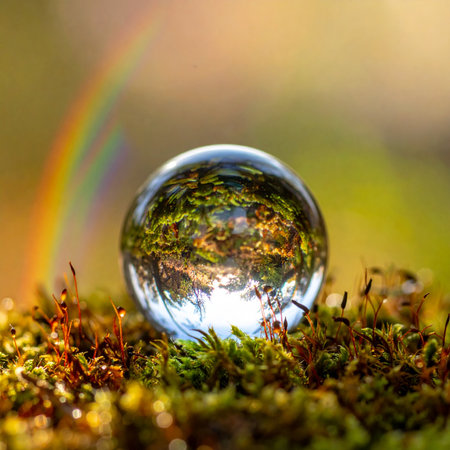 A crystal clear sphere rests on a bed of lush green moss, capturing an inverted, golden forest within its reflection.の素材