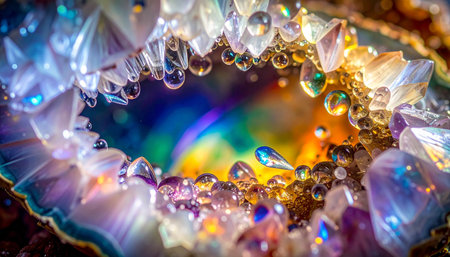 A mesmerizing macro view into the heart of a crystal geode, where a dazzling array of iridescent gems forms a magical portal.の素材