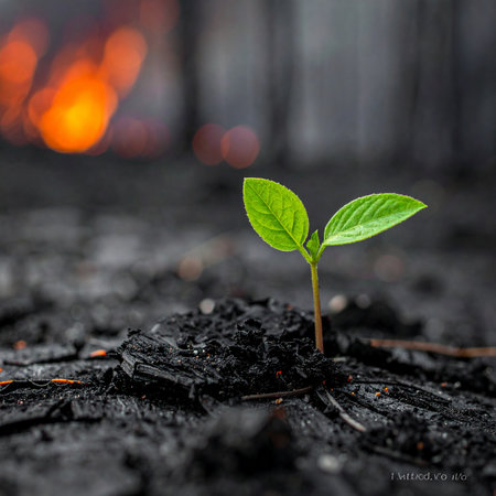 A single, vibrant green sprout emerges from the scorched, ashen earth, a powerful symbol of resilience and new beginnings.の素材