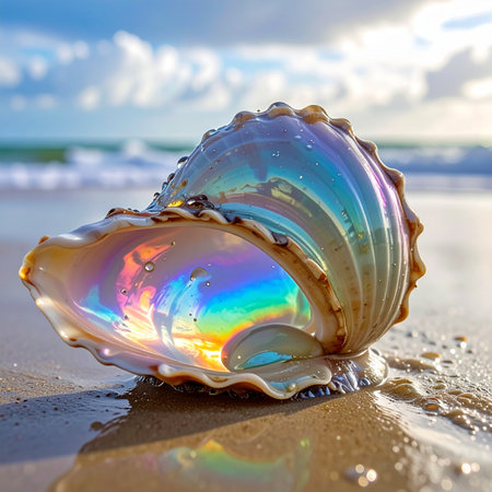 A magnificent pearlescent seashell rests on the wet sand, its nacreous interior catching the sunlight to create a stunning rainbow display.の素材