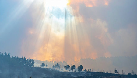 A breathtaking display of nature's majesty as brilliant golden sun rays pierce through dramatic clouds, casting a divine light upon the silhouetted, tree-lined hills below.の素材