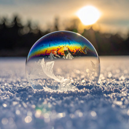 A delicate, frozen bubble rests on a bed of fresh snow, its crystalline surface capturing the inverted image of a golden sunrise.の素材
