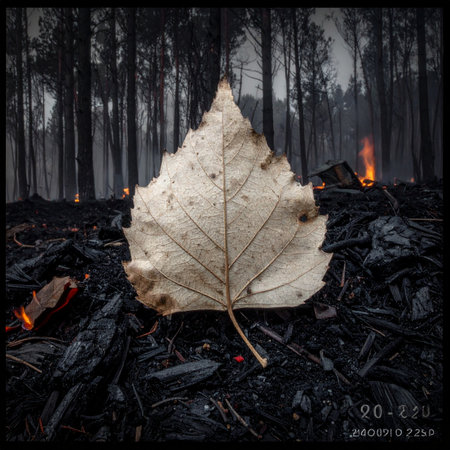 In the somber aftermath of a devastating forest fire, a single, pale leaf rests upon the charred earth.の素材