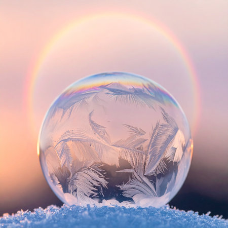 A delicate, frozen soap bubble rests on a bed of fresh snow, its surface covered in intricate, feathery ice crystals.の素材