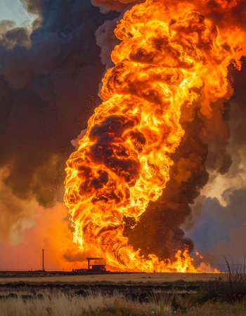 A catastrophic industrial accident unleashes a terrifying pillar of fire and smoke, turning the sky into a hellscape.の素材