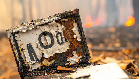 A close-up of a severely burnt and melted computer hard drive sits amidst the ashes and debris of a devastating fire.の素材