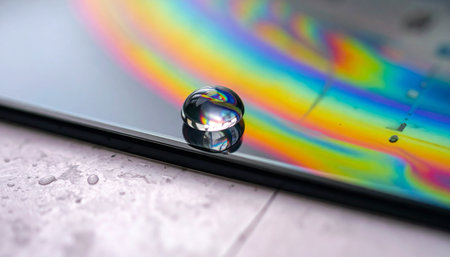 A single, perfect droplet of water rests on a surface, capturing and reflecting a mesmerizing, psychedelic rainbow.の素材