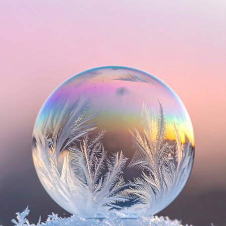 In the quiet cold of a winter dawn, a delicate soap bubble captures a fleeting moment of magic.の素材