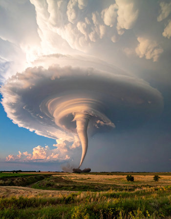 A magnificent and terrifying supercell thunderstorm spawns a powerful tornado over the vast, open plains.の素材
