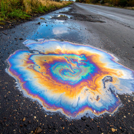 A vibrant, psychedelic rainbow of colors shimmers on the surface of a puddle, a beautiful yet stark reminder of environmental pollution.の素材