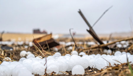 A close-up view captures the immediate aftermath of a severe hailstorm. Small, icy pellets blanket the ground, scattered amongst dry grass and twigs.の素材