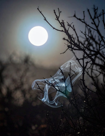 Under the haunting glow of a full moon, a piece of discarded plastic is caught in the skeletal branches of a tree, a stark and silent symbol of human impact on the natural world.の素材