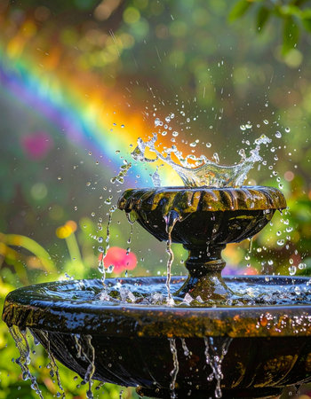 A vibrant spectrum of light appears as if by magic in the spray of a garden fountain. This beautiful scene captures a feeling of hope, luck, and the simple, serene beauty found in nature.の素材