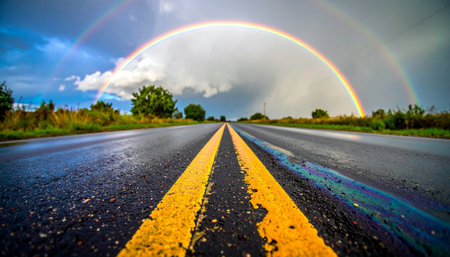 From a low-angle perspective, a wet asphalt road with bold yellow lines stretches towards the horizon.の素材