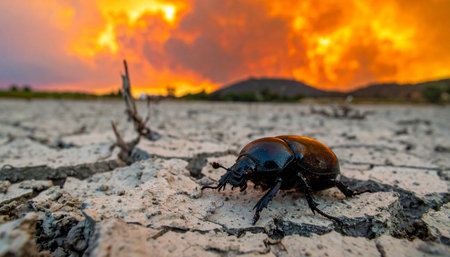 A lone beetle traverses the vast, cracked expanse of a parched landscape.の素材