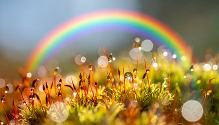 A vibrant rainbow arcs through a soft-focus sky, casting a magical glow over a miniature forest of fresh, dewy moss.の素材