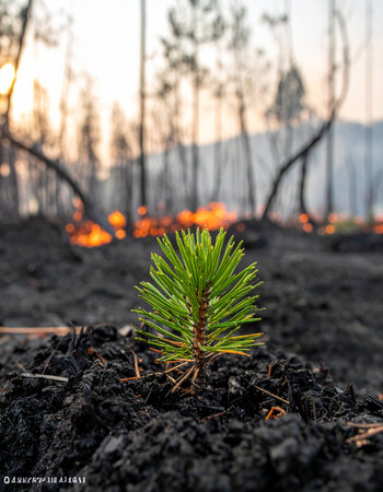 In the aftermath of a devastating forest fire, a single, vibrant green sapling emerges from the scorched black earth.の素材