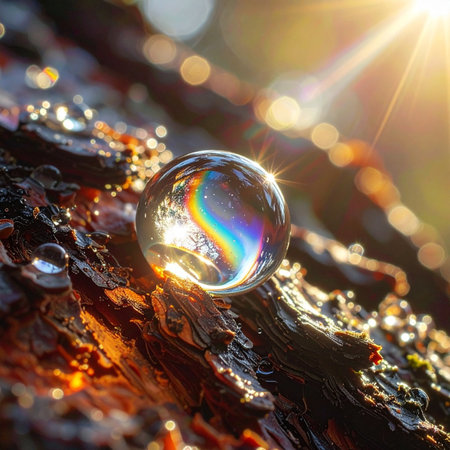 A perfect crystal sphere captures the morning sun, refracting its light into a vibrant rainbow.の素材