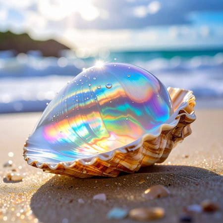 A luminous, pearlescent seashell rests on the wet sand, its surface catching the light to create a stunning rainbow iridescence.の素材