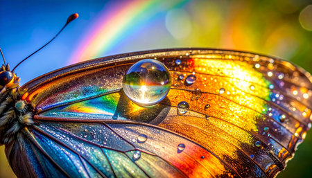 A perfect sphere of morning dew rests on the iridescent wing of a butterfly, capturing a brilliant rainbow in its reflection.の素材
