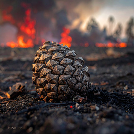 In the wake of a devastating wildfire, a lone pinecone rests on the scorched earth.の素材