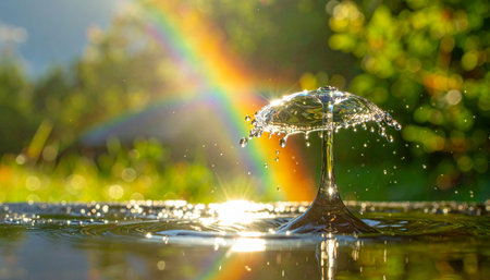 A perfect drop of water splashes upwards, creating a delicate crown against a sun-drenched, verdant backdrop.の素材