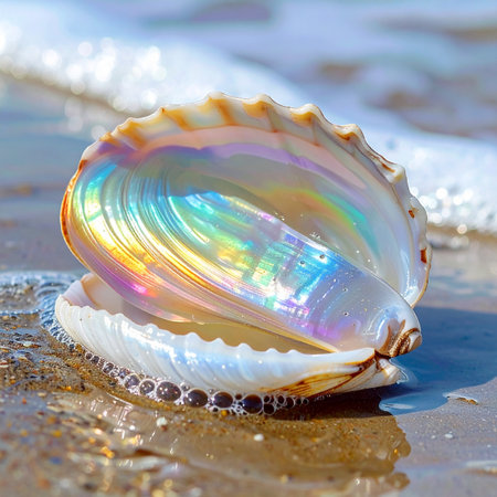 A beautiful seashell, washed ashore by the gentle tide, reveals its hidden treasure.の素材