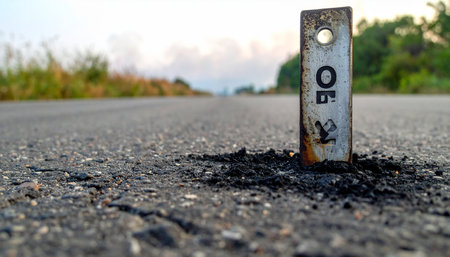 A weathered metal kilometer marker stands as a silent sentinel on a vast, empty asphalt road.の素材