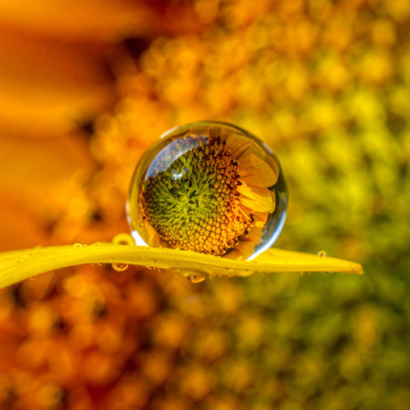 A single, perfect droplet of water rests delicately on a vibrant yellow petal, acting as a natural lens.の素材