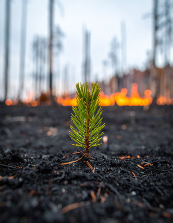 A single, vibrant green sapling emerges from the blackened, charred ground, a powerful symbol of hope and resilience.の素材