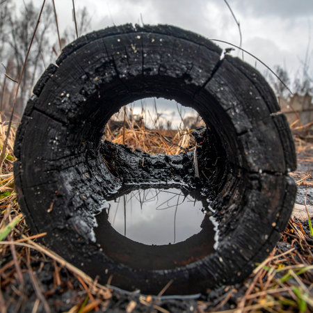A close-up view through the hollow center of a charred log, a remnant of a past fire.の素材