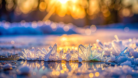 Delicate ice crystals catch the first golden rays of a winter sunrise, creating a magical, sparkling scene.の素材
