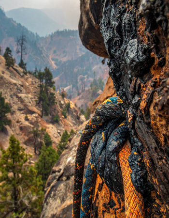 An ancient, gnarled tree root, marked by time and possibly fire, clings tenaciously to a sheer rock face.の素材