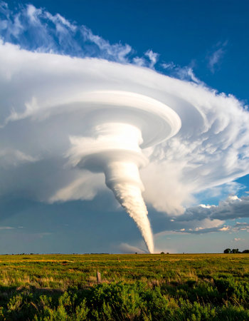 A massive supercell thunderstorm unleashes a powerful and destructive tornado onto the open plains.の素材
