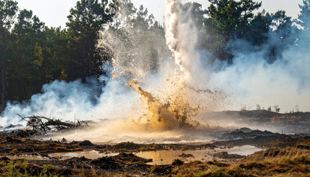 A powerful ground charge detonates in a rural field, sending a massive plume of smoke, dirt, and debris high into the air.の素材