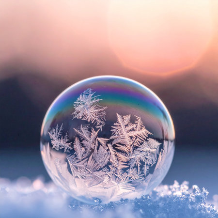 A delicate soap bubble captures a fleeting moment of winter's magic. Intricate ice crystals bloom across its fragile surface, reflecting the warm, hopeful glow of a winter sunrise.の素材
