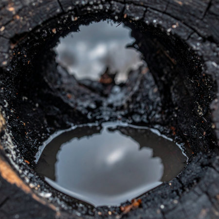A pool of rainwater gathers in the hollow of a charred tree stump, creating a natural mirror.の素材