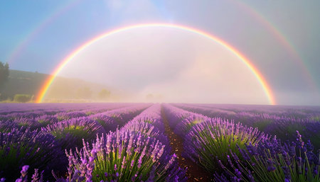A breathtaking full-arch rainbow emerges from the morning mist, stretching across a vast, fragrant lavender field at sunrise.の素材