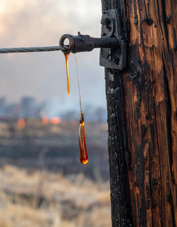 In the somber aftermath of a devastating fire, a single drop of molten glass hangs suspended from a charred utility pole.の素材