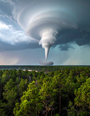 A breathtaking and terrifying view from above as a massive supercell thunderstorm spawns a powerful tornado.の素材
