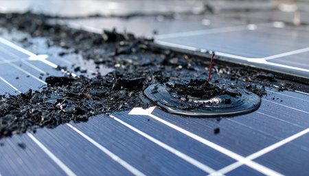 Close-up of a catastrophic failure on a photovoltaic panel, where an electrical fire has melted and charred the surface.の素材