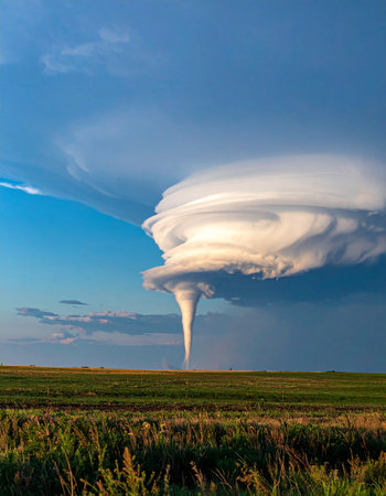 A powerful supercell thunderstorm spawns a dramatic tornado, its funnel cloud touching down in a vast, open rural field.の素材