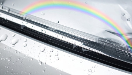 A beautiful arc of a rainbow is reflected on a car's wet windshield after a cleansing rain shower.の素材