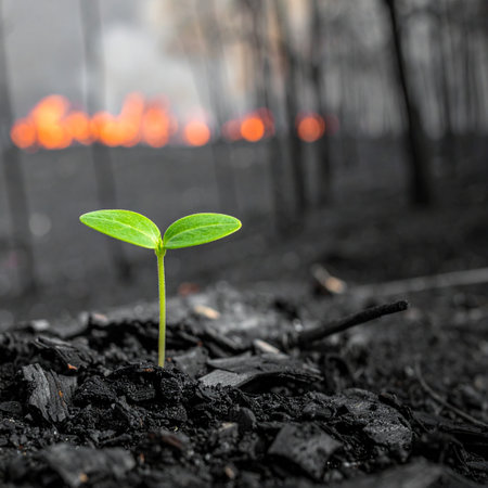 Amidst the somber, charred remains of a forest devastated by fire, a single, vibrant green seedling pushes through the ashes.の素材