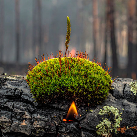 A tiny flame flickers at the base of a vibrant green moss clump on a charred log.の素材