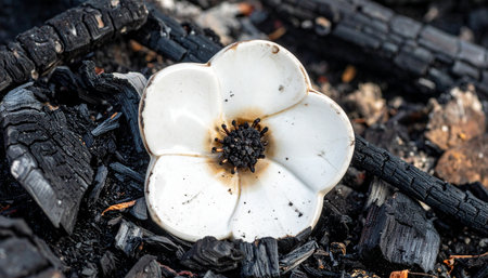Amidst the somber blackness of charred ruins and ash, a single white flower-like object remains.の素材