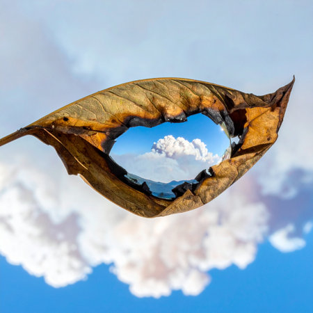 A single drop of water, cradled in a dry autumn leaf, acts as a magical portal.の素材