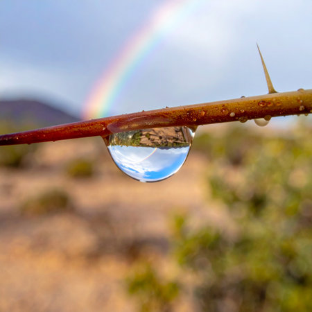 A single, perfect drop of water clings to a thorny branch, capturing an inverted desert world within its tiny sphere.の素材