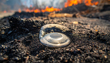 A drop of shimmering, liquid metal cools and solidifies on a bed of dark volcanic ash.の素材