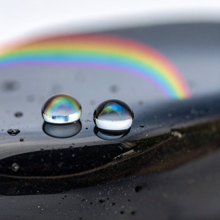 Two perfect, clear water droplets rest on a dark, glossy surface, each capturing and reflecting a brilliant rainbow that arches across the background.の素材